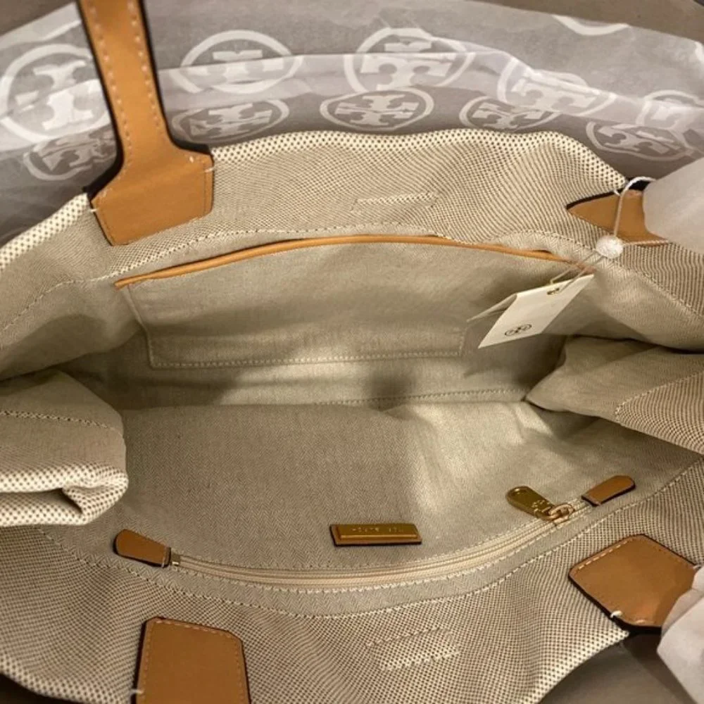 New ! Tory Burch Canvas Tan LARGE Ella Color Block Logo Tote Bag - Picture 3 of 6